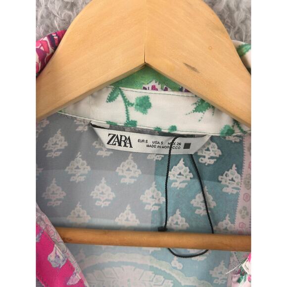 ZARA Patchwork Floral Button Blouse Satin Sheer Long Sleeve Colorful S - Picture 9 of 9